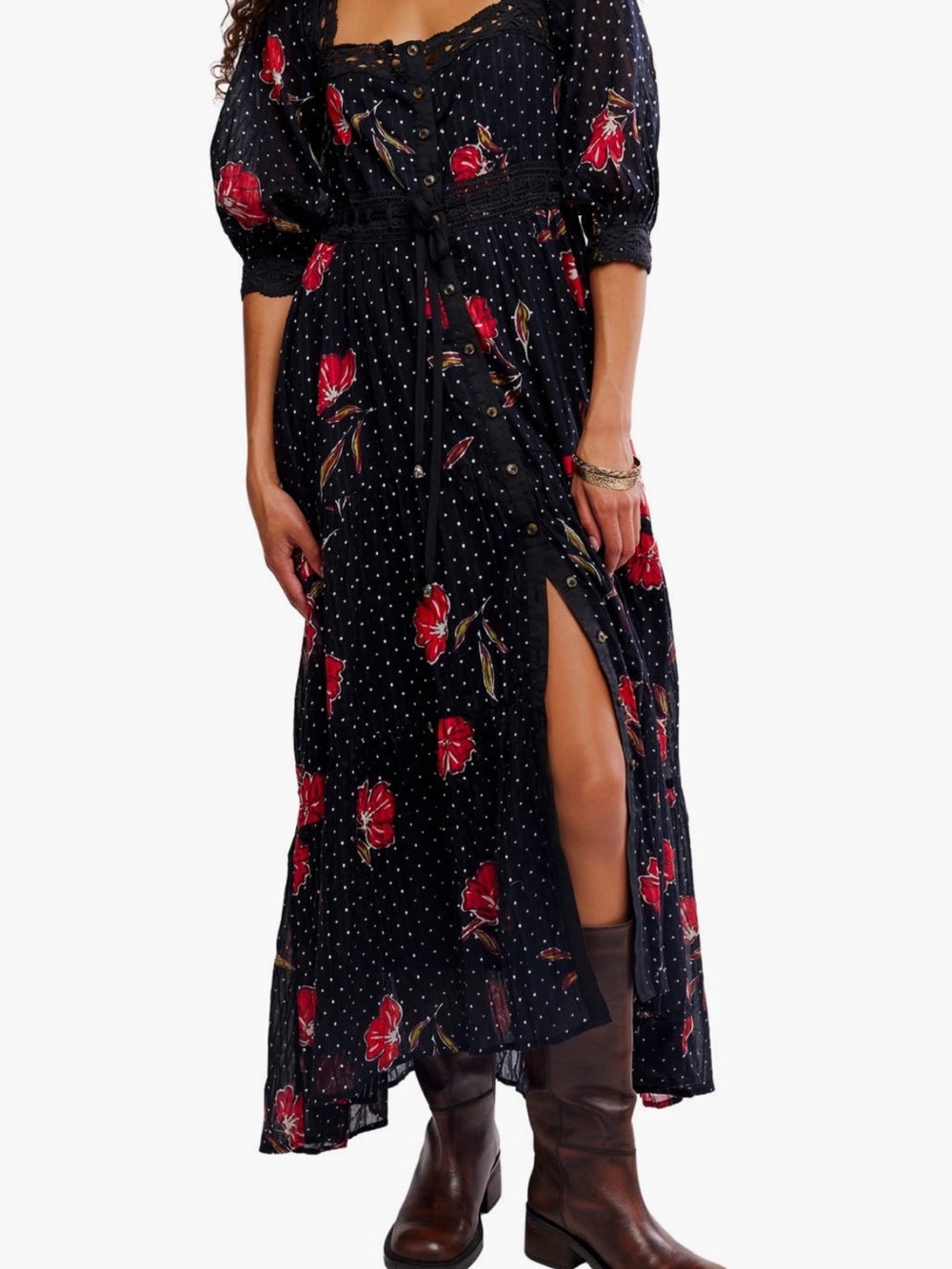NEW. Free People Black Maxi Dress with Red Floral Print. Button Tag attached.
